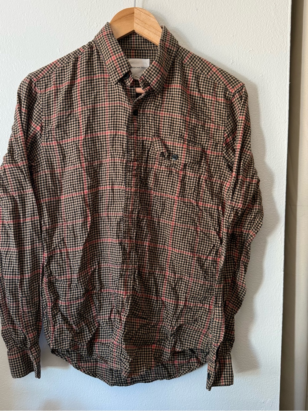 American Eagle Outfitters Brown Plaid Button-Down Shirt with Red Accents